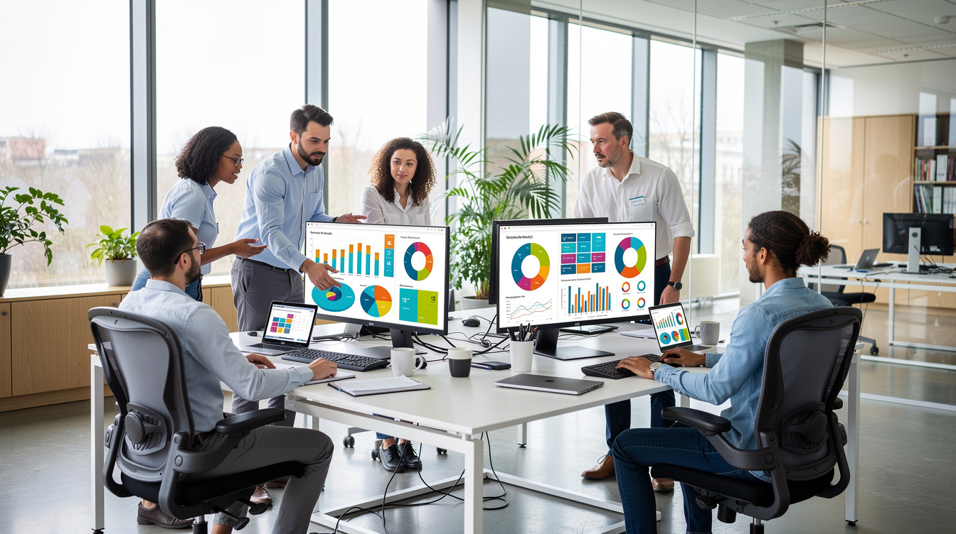 Research team analyzing survey data charts on screens in a modern office