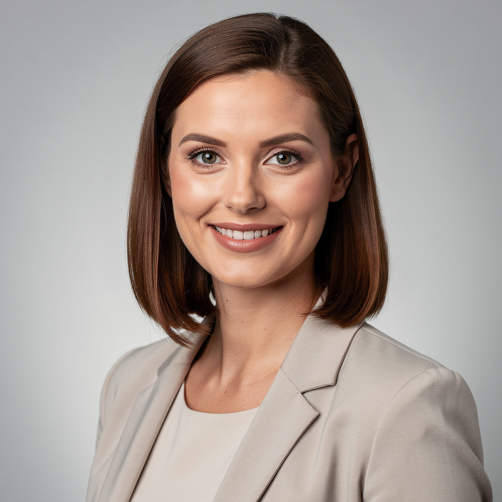 Studio portrait of a young German woman with shoulder length brown hair
